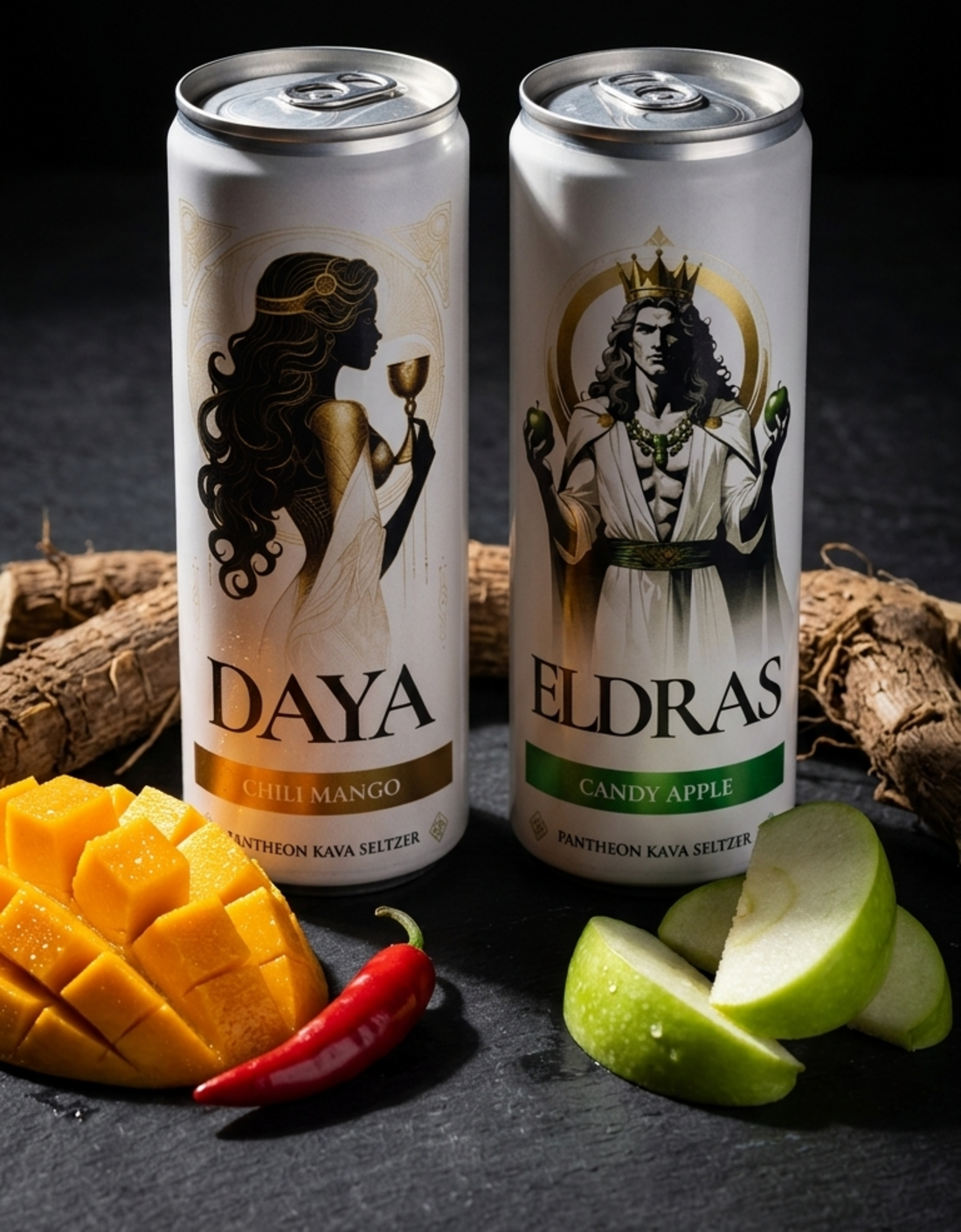 Pantheon Kava — Candy Apple and Chili Mango cans